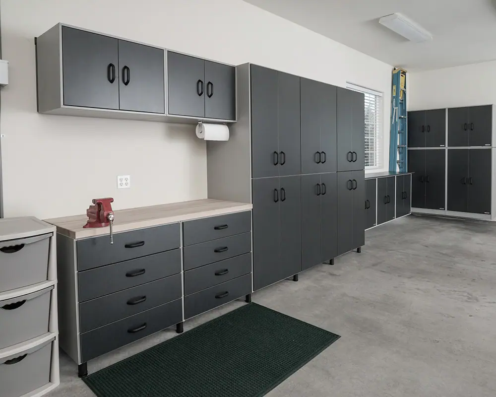 casework set of small and large cabinets, and drawer cabinets assembled along the wall.