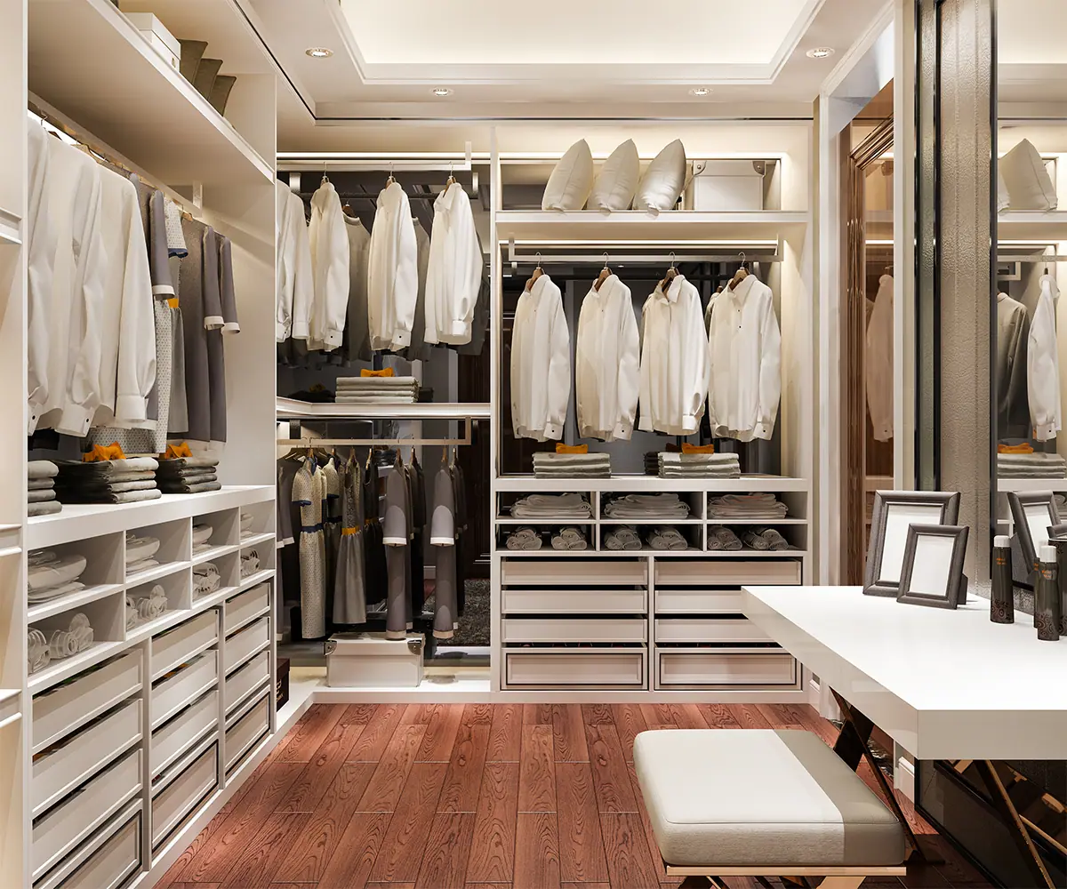 3d rendering minimal scandinavian wood walk in closet with wardr